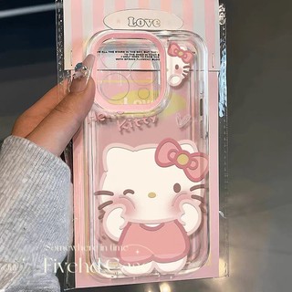 Ins Hàn Quốc Vỏ cặp đôi trong suốt hình mèo Kitty màu hồng dễ thương + Giá đỡ Tương thích cho iPhone 11 15 14 13 12 Pro Xs Max XR X 7 8 6 6s Plus SE Vỏ bảo vệ điện thoại hoạt hình TPU mềm