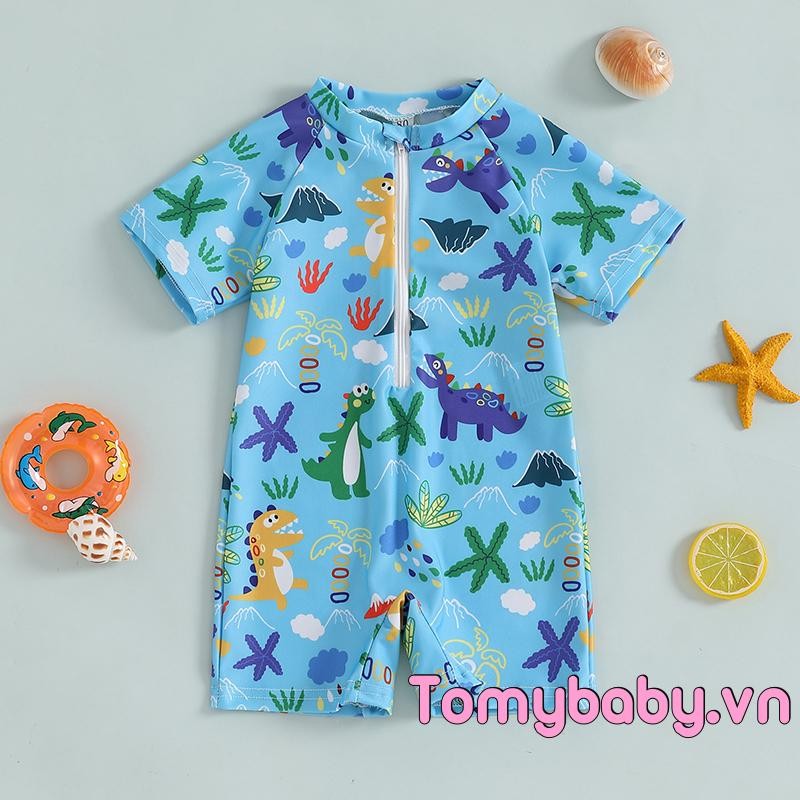 Đồ bơi tập đi In hình cá mập ngắn tay Mock cổ Zip Up Rash Guard Bộ đồ tắm cho bé trai bé gái