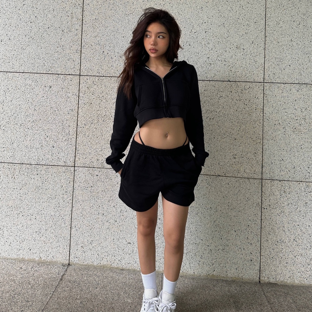 Set bộ nỉ Hoodie Zip Croptop và Quần Short Ngắn Augety Studio (Có tách lẻ)
