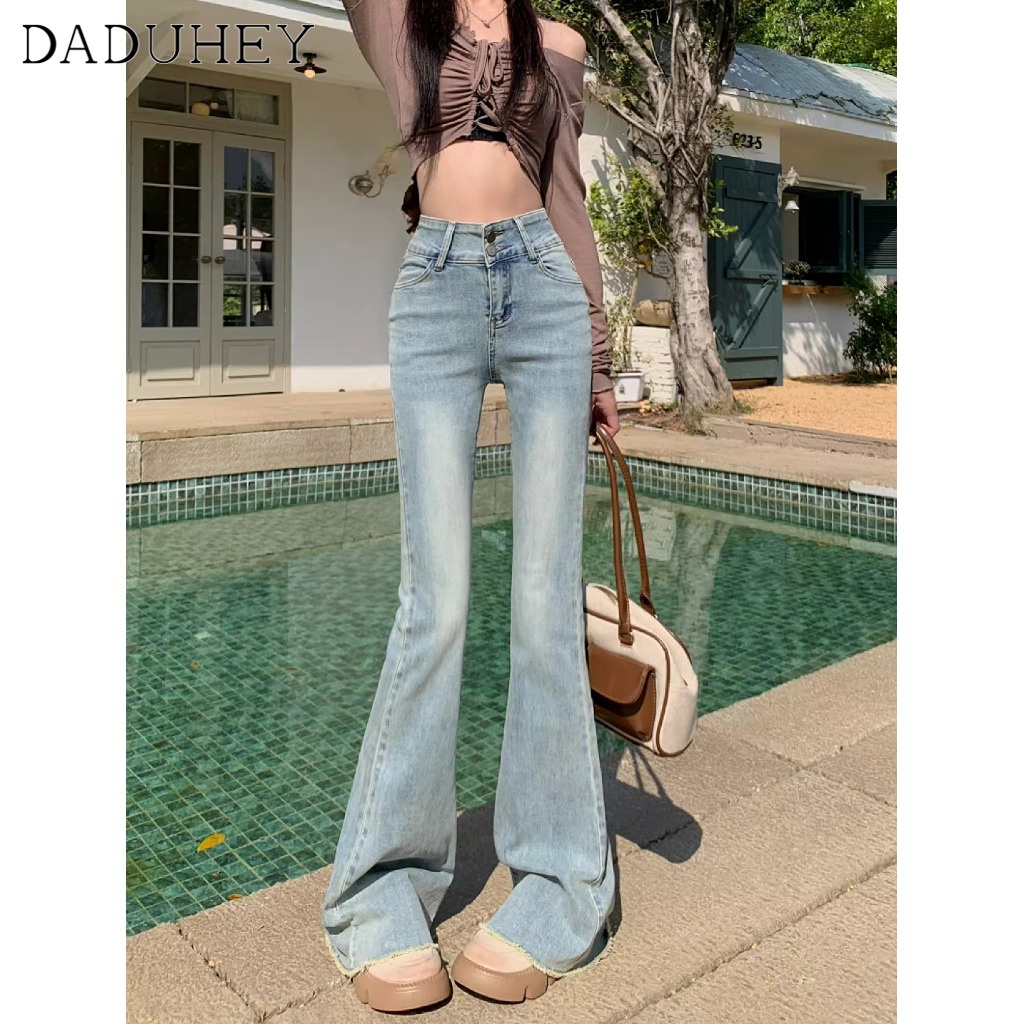 Ảnh DaDuHey New American Ins High Street Retro Washed Micro-flare Jeans Niche High Waist Wide Leg Pants Trousers 2