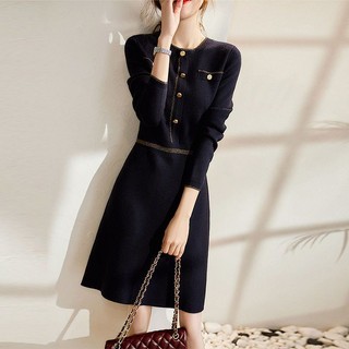 Đầm sweater Dệt Kim Dáng Chữ a Màu Đen Thời Trang Xuân Thu Cho Nữ