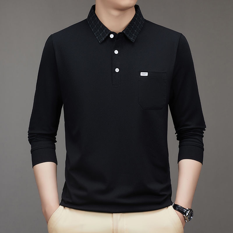 Áo Thun POLO Cotton Tay Dài Dáng Rộng Phối Túi Thời Trang Xuân Thu Cho Nam Trung Niên
