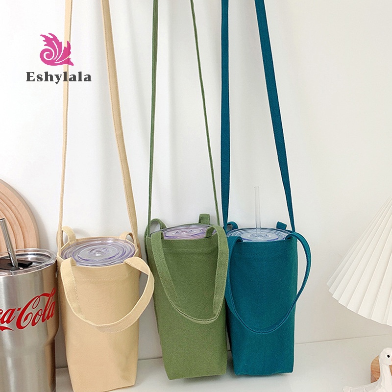 Túi đựng chai nước màu tinh khiết Túi đựng bình nước cầm tay bằng vải Canvas Vỏ chai nước dễ thương có dây đeo Túi cách nhiệt [MỚI]