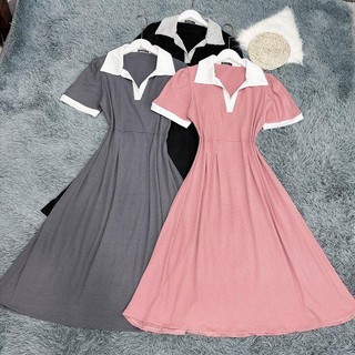 Đầm Polo Bigsize Phối Cổ Trắng Nữ Tay Ngắn,Đầm Dáng Suông Chữ A Vải Gân Tăm Mềm Mát G94
