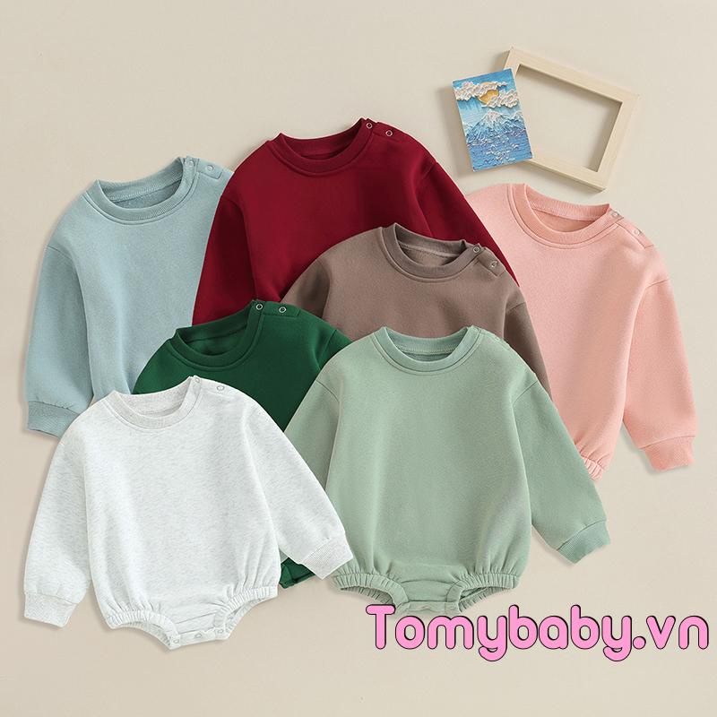 Áo Liền Quần Tay Dài Cổ Tròn Màu Trơn Dành Cho Bé Trai Gái