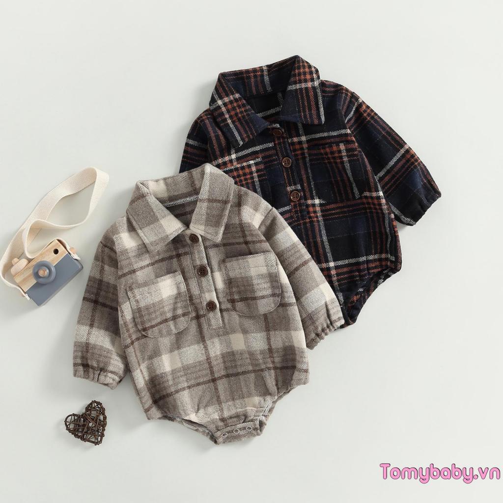 Bộ Áo Liền Quần Tay Dài Có Túi Họa Tiết Sọc Caro Phong Cách vintage Dành Cho Bé Trai