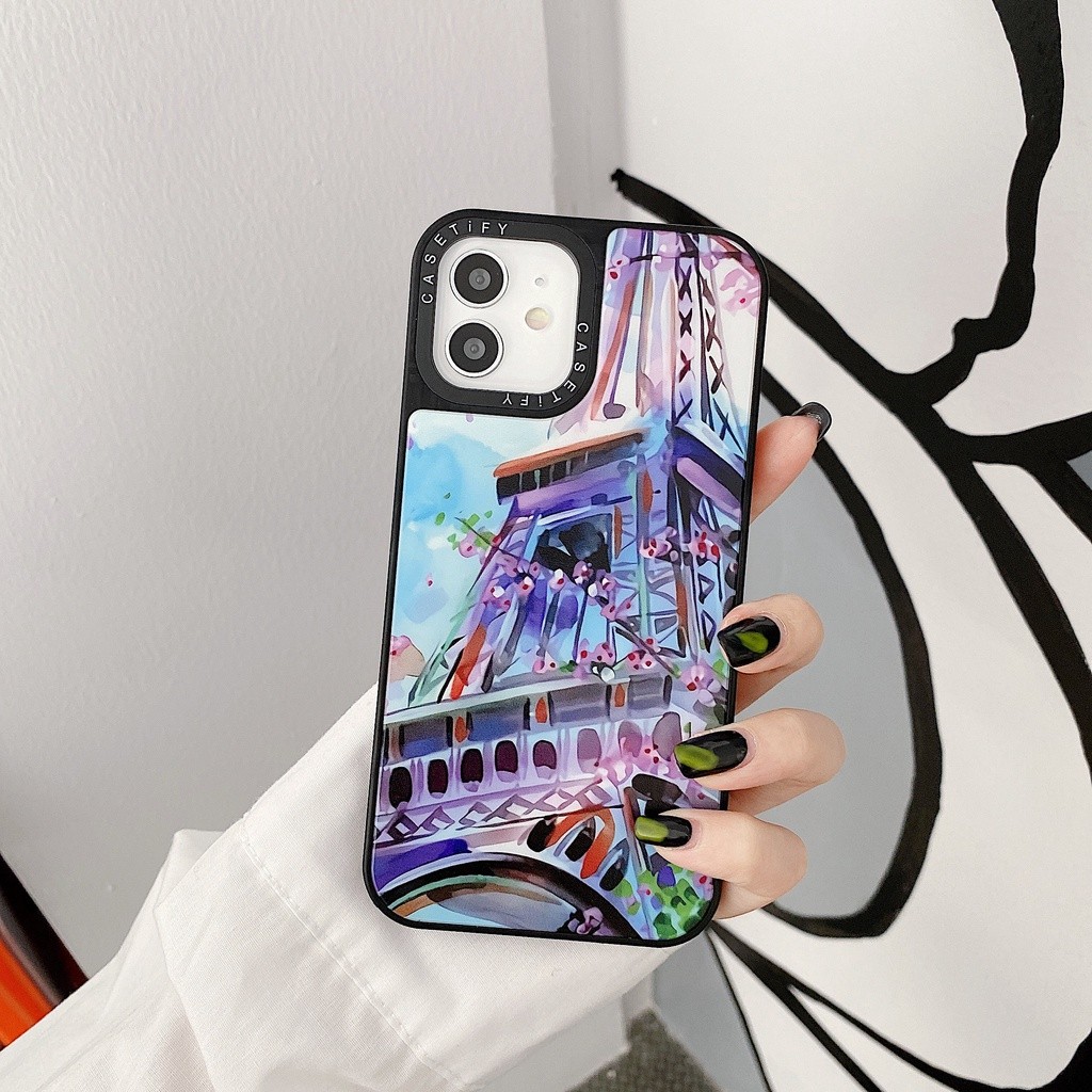 Ins Tranh Màu Nước Tháp Paris Flore Cây Hoa Gương Vỏ Cứng Tương Thích Cho iPhone 16 Pro Max Plus 15 / 14 / 13 / 12 / 11 / X / XS / XR / SE / 8 / 7 / 6