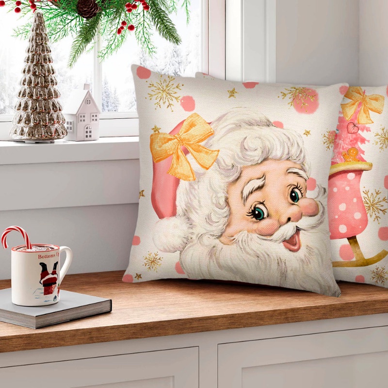 Vỏ Gối sofa Vải Lanh Mềm Thoáng Khí Thoải Mái In Hình Tuần Lộc Màu Hồng Giáng Sinh
