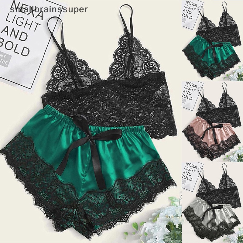 Bộ Đồ Ngủ Áo Hai Dây Cổ Chữ v Phối Ren + Quần Short Gợi Cảm Cho Nữ sbs