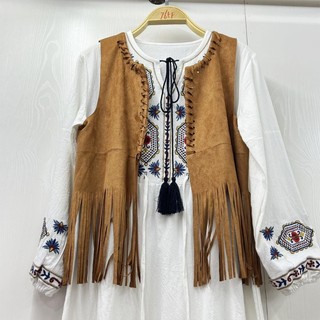Vipdeal1 Áo Khoác cardigan Giả Da Lộn Không Tay Phối Tua Rua Phong Cách hippie 70s Thời Trang Cho Nữ