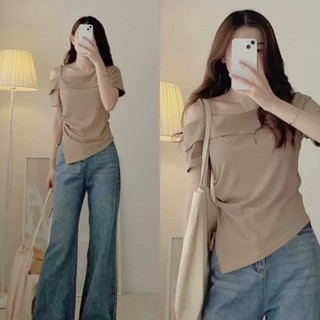 Áo thun bigsize nữ cách điệu vạt gập trễ vai một bên vạt chéo nhún bèo rút dây chất vải gân tăm cao cấp dễ phối G213