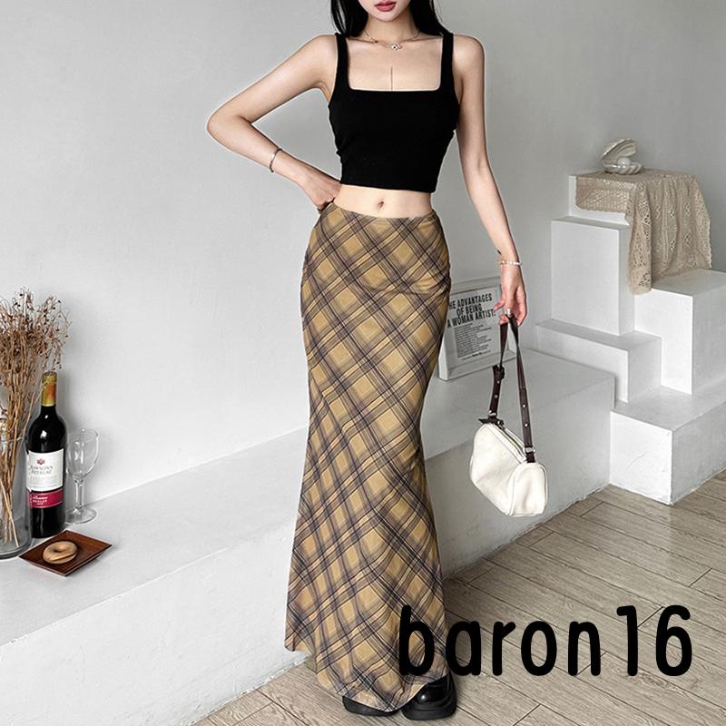 Chân Váy Dài Lưng Cao Họa Tiết Sọc Caro Phong Cách vintage Y2K