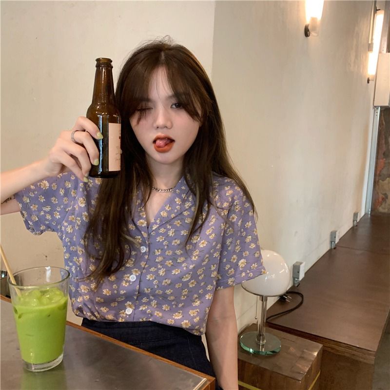 Áo Sơ Mi Tay Ngắn Họa Tiết Hoa Phong Cách Hàn Quốc Cổ Điển Thời Trang Cho Nữ