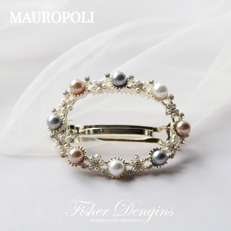 Mauropoli Kẹp Tóc Sang Trọng Retro Hàn Quốc Hợp Kim Rỗng Kim Cương Giả Ngọc Trai Hình Bầu Dục Top Lò Xo Sau Mũ Đội Đầu