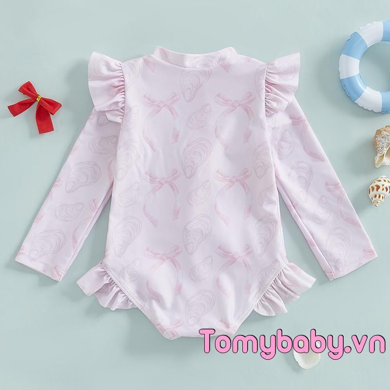 Đồ bơi bé gái tập đi Họa tiết nơ có khóa kéo dài tay đứng cổ Rash Guard Bộ đồ tắm