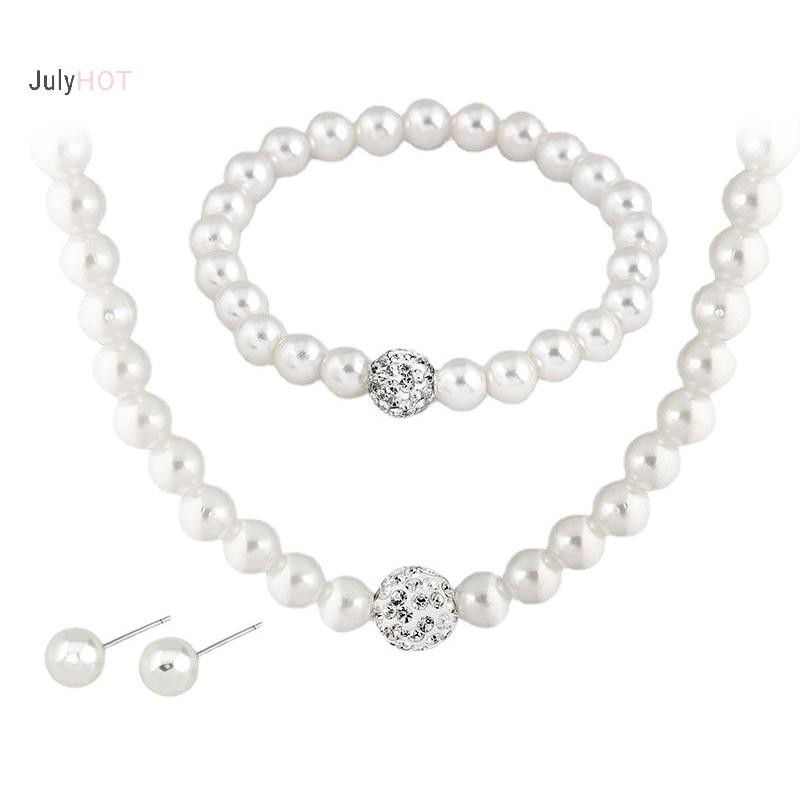 Julyhot 3in1 Bộ Nữ Cô Dâu Cưới Bộ Kim Cương Giả Ngọc Trai Vòng Cổ Vòng Tay Bông Tai Dự Tiệc Trang Sức Quà Tặng Massivedeals