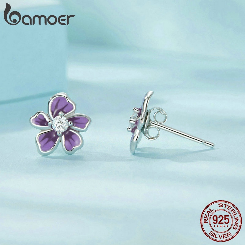 BAMOER Bông Tai bạc 925 Hình Hoa Tím
