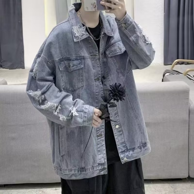 ThaliaWisp Áo Khoác Nam Thu Đông Mỹ Retro Cao Cấp Đường Phố Phá Hủy Phong Cách Niche Lỗ Thiết Kế Rời Áo Khoác Denim Thường Ngày