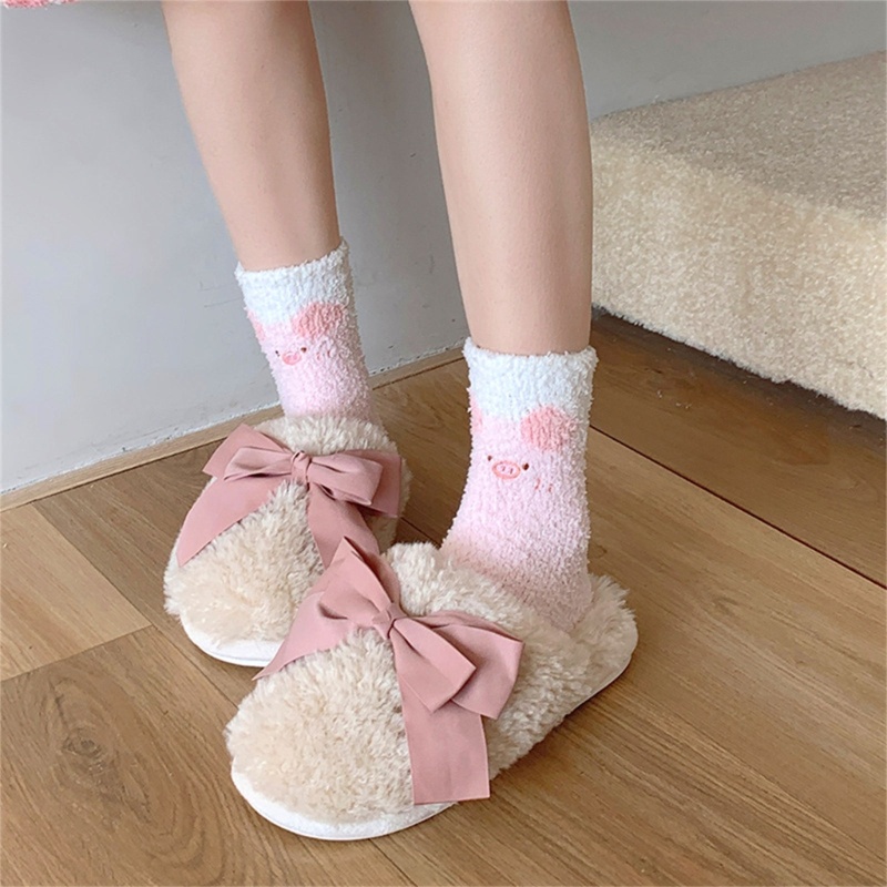 Vớ Lông Cừu San Hô Dày Mềm Mại Giữ Ấm Mùa Đông In Họa Tiết Thú Hoạt Hình Dễ Thương Cho Nữ