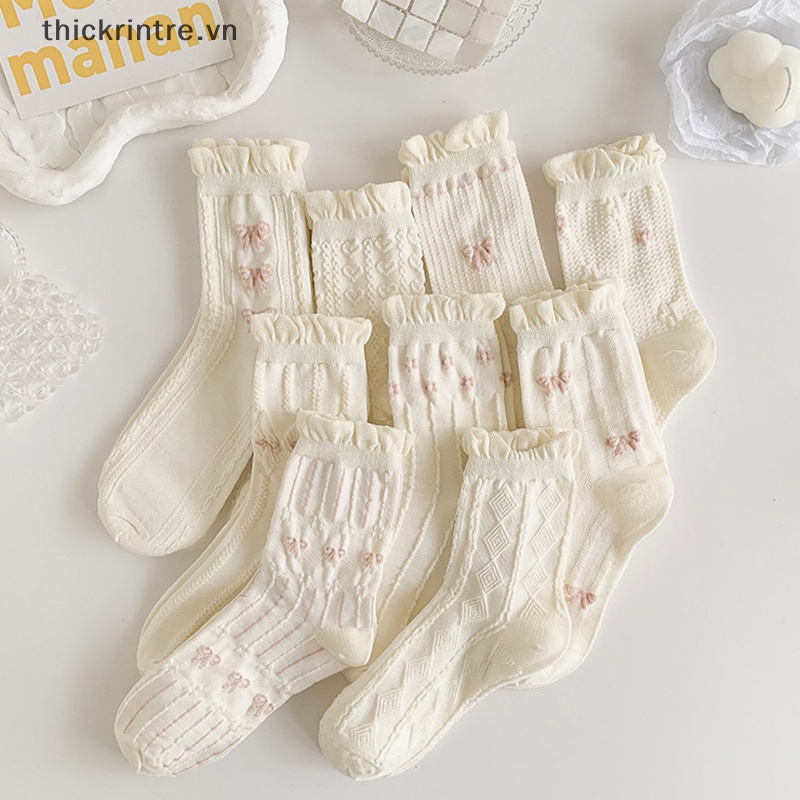 THI Đơn Giản Tất Trắng Đa Năng Đáng Yêu Nơ Nhỏ Hoa Nữ Ống Vừa Tất Bông Tai Kẹp Jk Lolita Bé Gái Cotton VN
