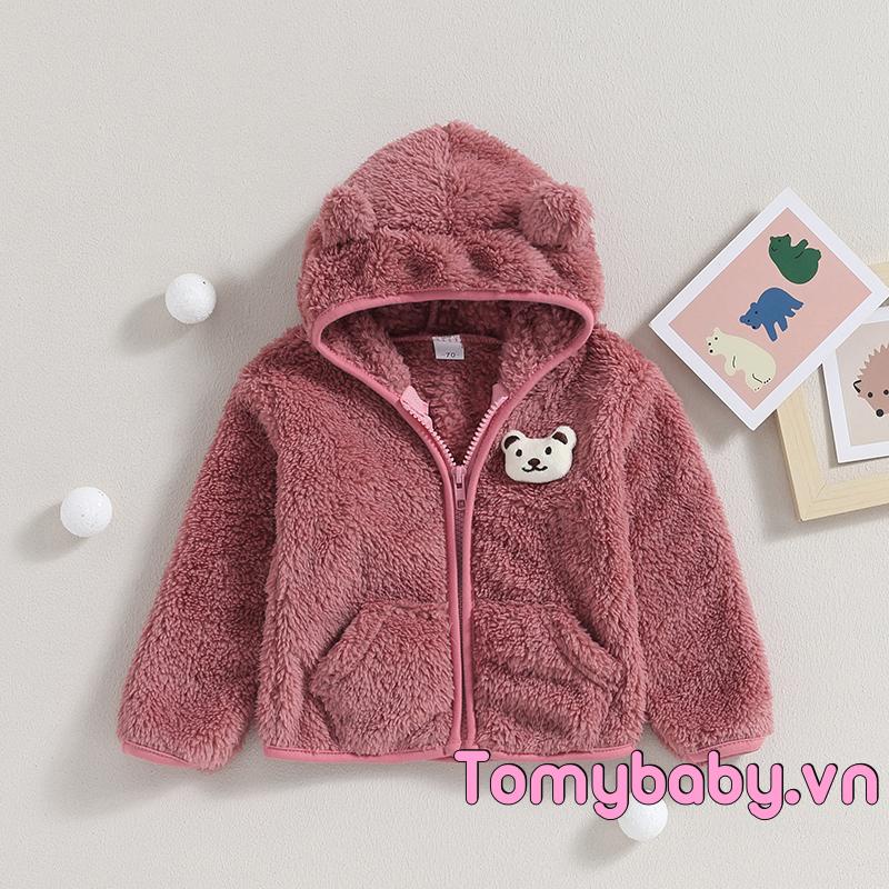 Áo khoác lông xù mùa đông cho bé 3D gấu có mũ trùm đầu Dây kéo đóng cửa Áo khoác ngoài lông cừu cho bé gái bé trai