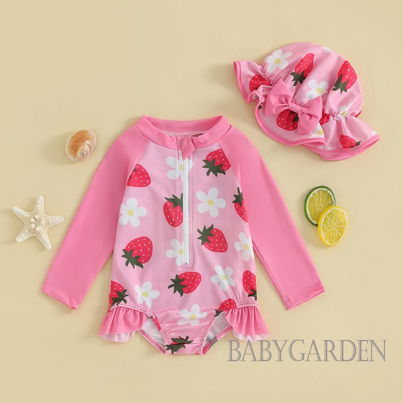 Bộ Đồ Bơi Một Mảnh Họa Tiết Dâu Tây / Nàng Tiên Cá / Hoa Kèm Mũ Xinh Xắn Cho Bé Gái