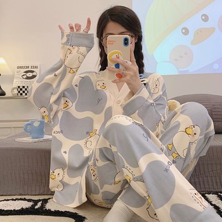 Bộ Đồ Ngủ Tay Dài in Hoạt Hình Vịt Dễ Thương Thời Trang Mùa Thu 2025 Cho Bạn Gái
