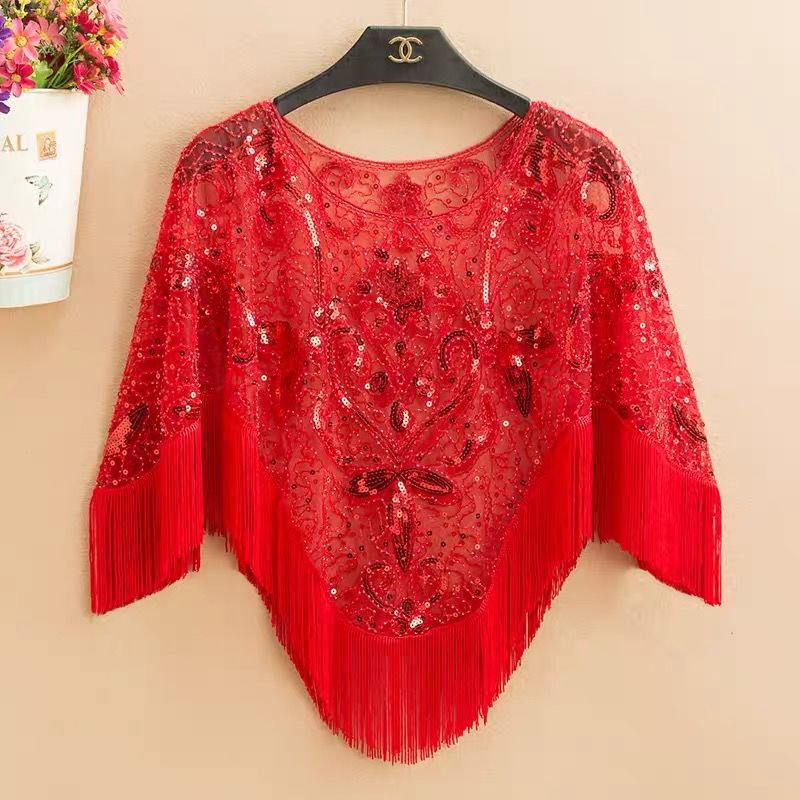 Bộ đầu rộng kích thước lớn dơi áo sơ mi bìa khăn choàng tua rua top ren áo choàng sequin chống nắng thêu váy