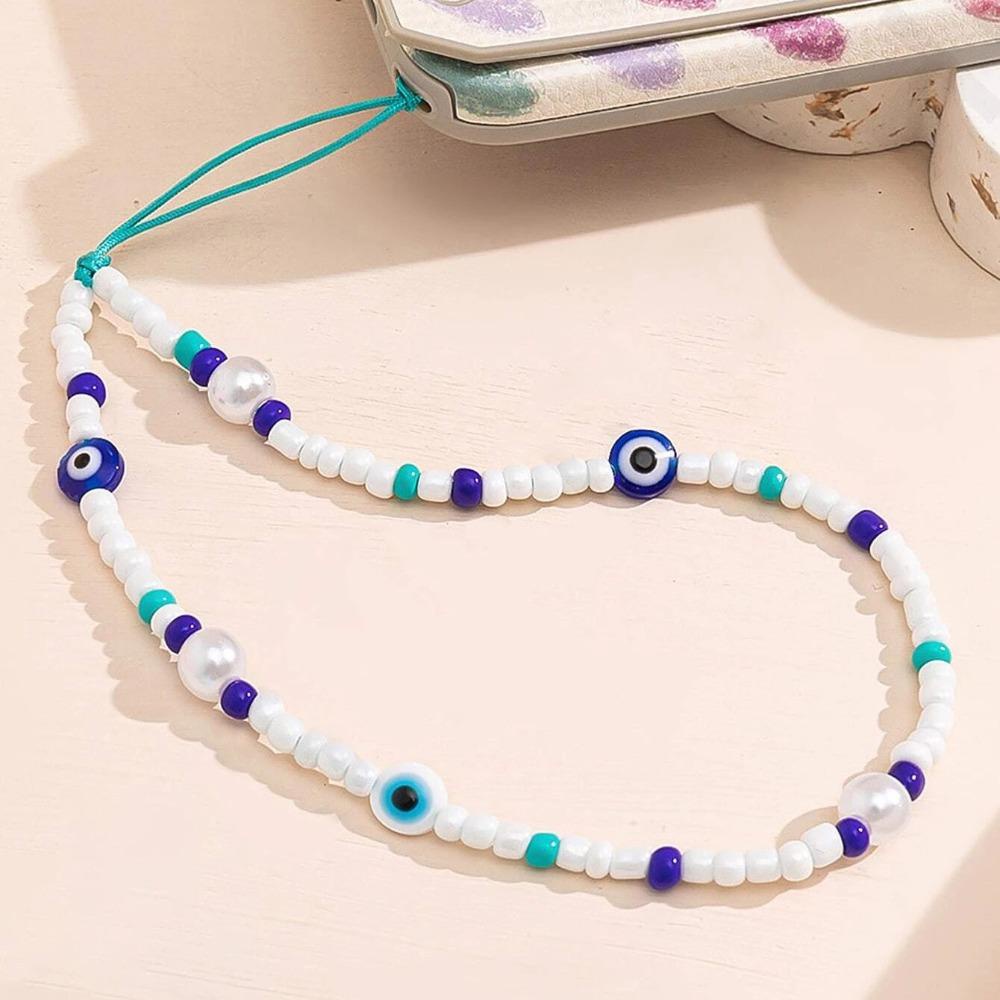 HARRIETT Blue Evil Eye Dây Xích Điện Thoại, Devil Eye Glass Rice Hạt Dây Điện Thoại, Dây Đeo Điện Thoại Vintage Charm Màu Xanh Thời Trang Dây Đeo Điện Thoại Di Động Bé Gái