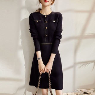 Đầm sweater Dệt Kim Dáng Chữ a Màu Đen Thời Trang Xuân Thu Cho Nữ