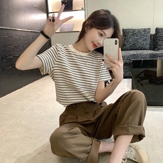 Áo thun nữ baby tee cotton kẻ sọc ngắn tay cổ tròn