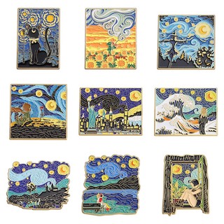 Huy Hiệu Cài Áo Kim Loại Hình Tranh Sơn Dầu van Gogh 'S work Men / Cánh Đồng / Mèo / Tàu Ngũ