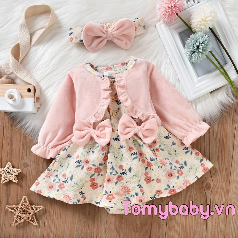 Bé Gái Áo Liền Quần Thường Ngày Trang Phục Dài Tay In Hoa Chắp Vá Đầm Jumpsuit + Nơ Trang Trí Băng Đô Bộ