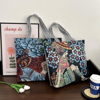 ESSENCEH Tranh Túi Đeo Vai, Túi Xách Canvas Hình Vuông Retro, Túi Tote