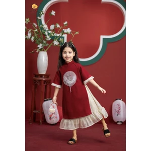 Set kèm chân váy Áo dài nhung bé gái LITIBABY phối tay loe size cho bé 10kg - 30kg