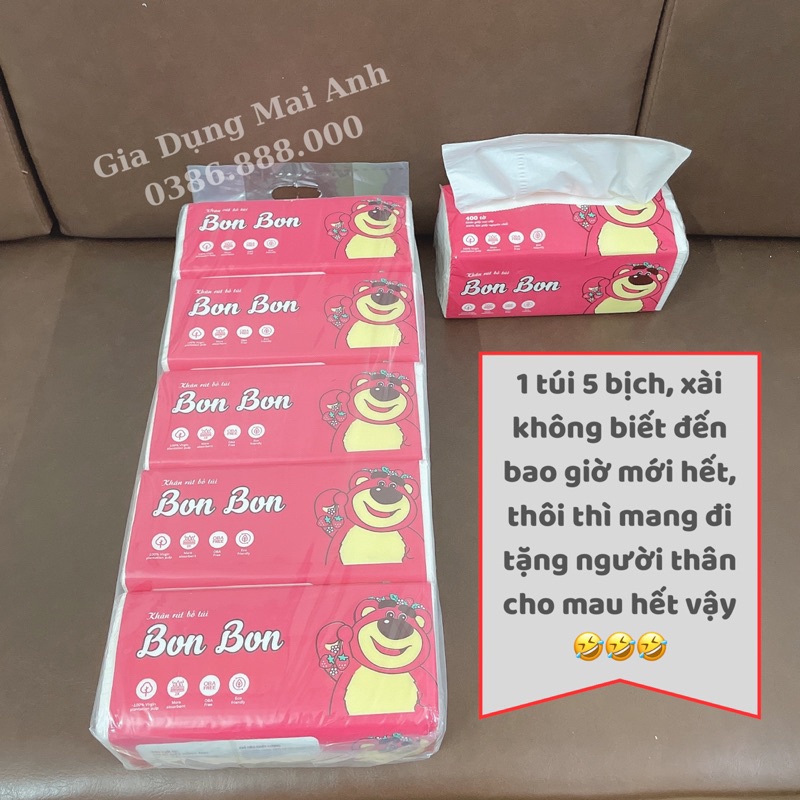 Giấy ăn gấu dâu, khăn giấy rút đa năng, 1 bịch 400 tờ, dẻo dai mềm mại  [SHOP.MH]