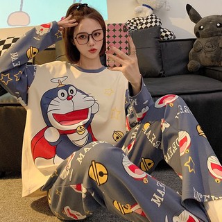 Bộ đồ ngủ giả cotton mới mùa xuân thu dành cho nữ có tay áo dài và quần dài cổ tròn hoạt hình ngọt ngào cỡ lớn Bộ đồ mặc ở nhà dành cho nữ