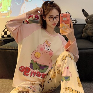 Bộ đồ ngủ giả cotton mới mùa xuân thu dành cho nữ có tay áo dài và quần dài cổ tròn hoạt hình ngọt ngào cỡ lớn Bộ đồ mặc ở nhà dành cho nữ