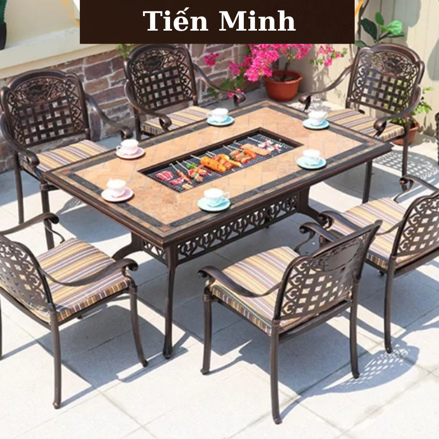 Bàn Ghế Nhôm Đúc Họa Tiết Hoa Sen Sân Vườn Ghế 6 chiếc+1 Bàn chữ nhật Nhôm Đúc Nhập Khẩu - TM18
