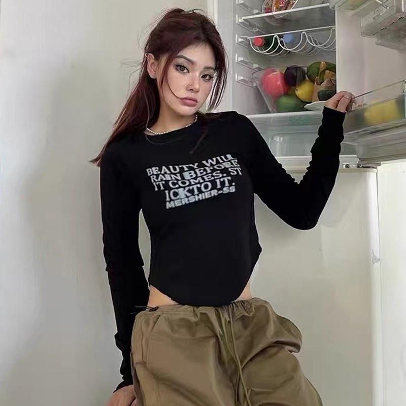 Áo Thun Tay Dài In Chữ Thời Trang Thu Đông Hàn Quốc Mới