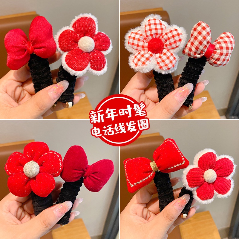 [Yunyuan] Cặp Dây Buộc Tóc Nơ Đỏ Năm Mới Dây Điện Thoại Bện Bé Gái Tóc Đuôi Ngựa Dây Hoa Không Làm Tổn Thương Phụ Kiện Tóc
