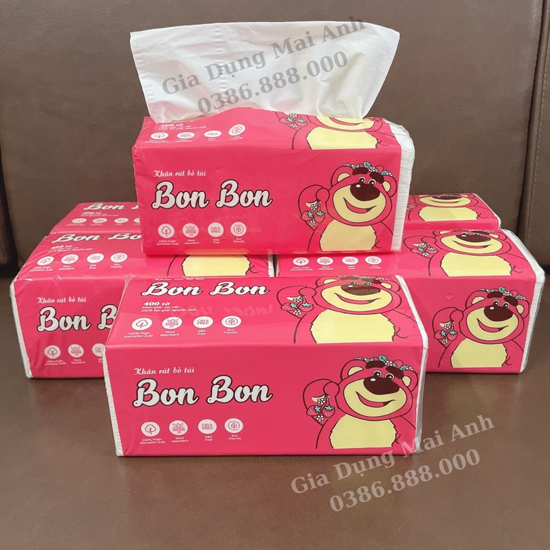 Giấy ăn gấu dâu, khăn giấy rút đa năng, 1 bịch 400 tờ, dẻo dai mềm mại  [SHOP.MH]