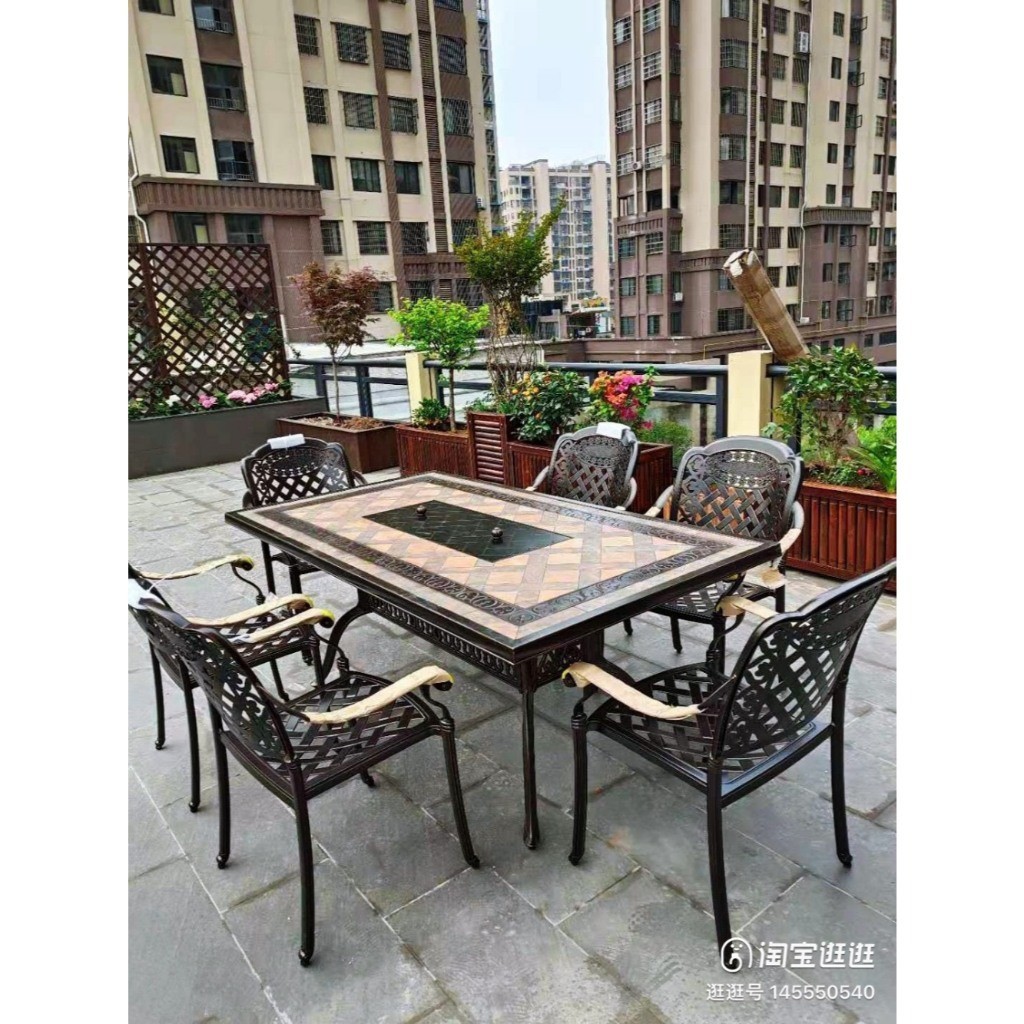 Bàn Ghế Nhôm Đúc Họa Tiết Hoa Sen Sân Vườn Ghế 6 chiếc+1 Bàn chữ nhật Nhôm Đúc Nhập Khẩu - TM18