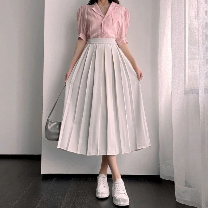 Chân váy xếp ly midi nữ dáng dài cạp cao có khóa
