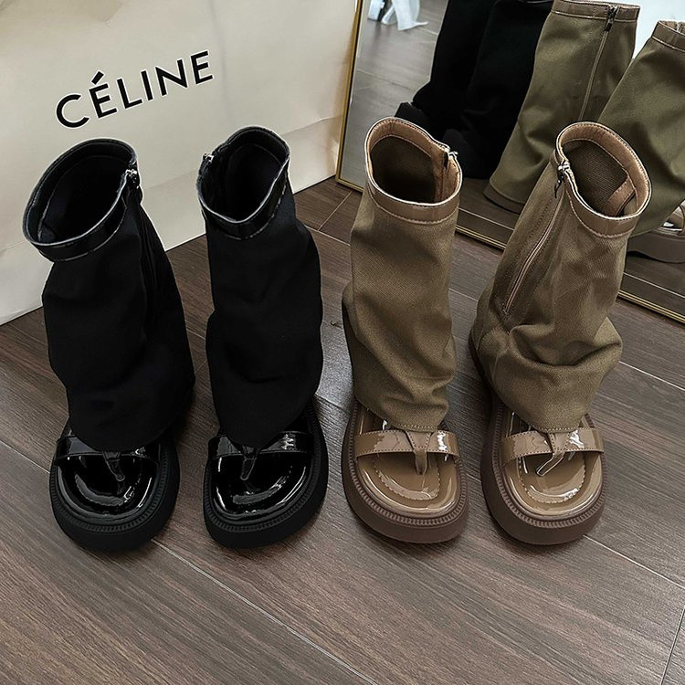 Dép sandal cao cổ vải canvas phong cách Y2K mới của Hàn Quốc, dép Roman, gót vừa, đế dày, mũi nhọn, có khóa kéo, dép Ulzzang đa năng, chống trượt, bền, cho kỳ nghỉ hè, sinh viên