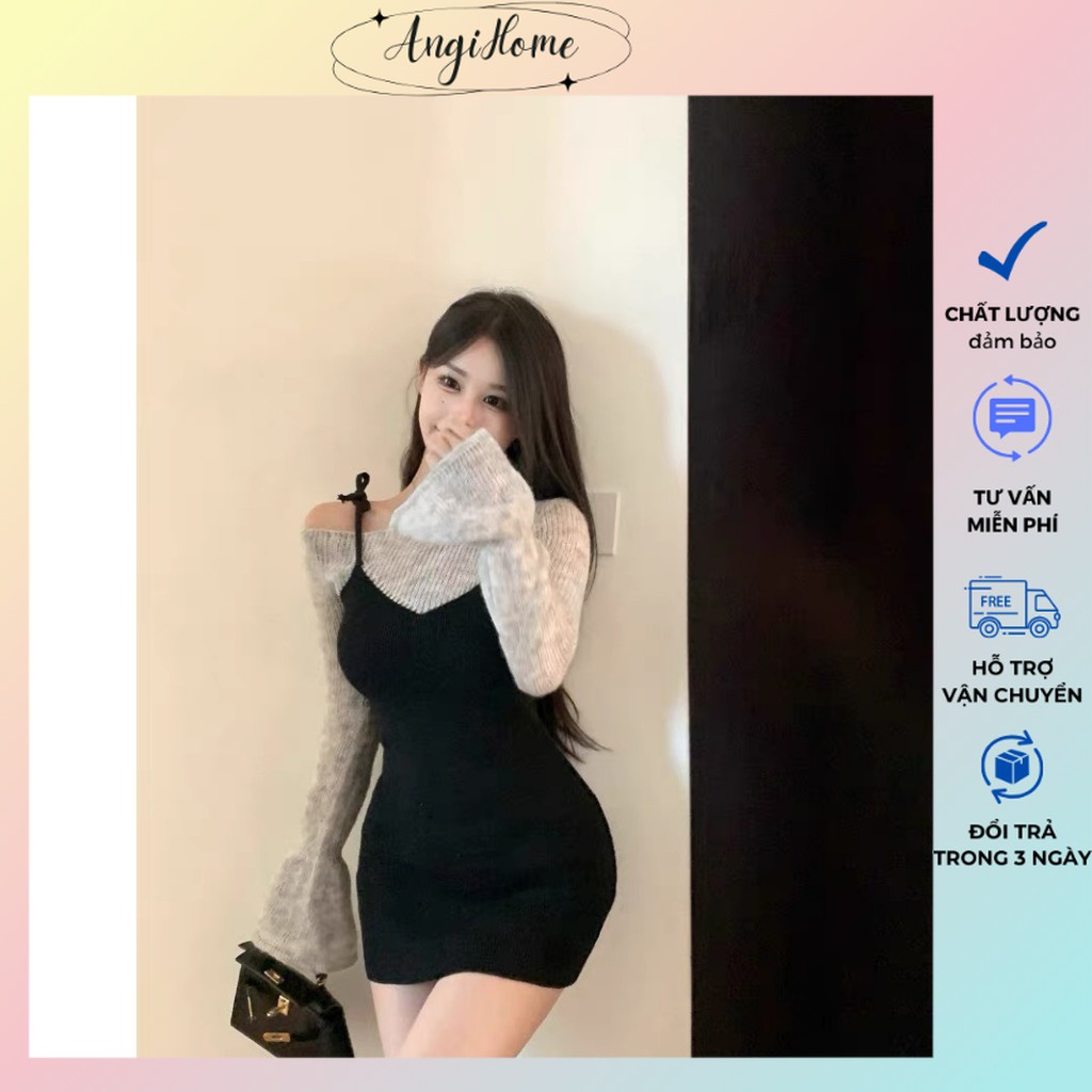 SET ĐẦM XÁM BẸT CUỐN BIÊN GÂN TĂM TAY LOE BODY SUÔNG + ĐẦM YẾM CỘT DÂY 1 BÊN ANGIHOME