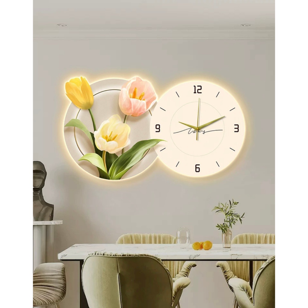 Tranh Đồng Hồ 3D LED Hoa Tulips Treo Phòng Khách, Phòng Phủ, Quán cafe, Nhà Trẻ, Quà Tặng Người Thân