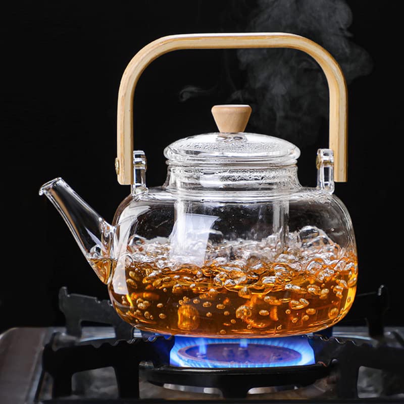 [1000ml] Ấm trà thủy tinh quai gỗ, chịu nhiệt cao KÈM lọc tháo rời dung tích lớn- Có thể đun trên bếp