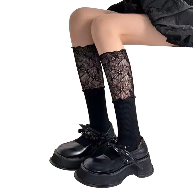 Vua Nữ Trên Bê Ruffle Frilly Boot Tất Ren Chắp Vá Gân Tất Đầu Gối