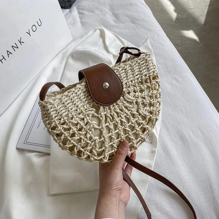 Túi rơm mùa hè FANSINAG, Túi xách Messenger Túi cói hình bán nguyệt thời trang, Túi đi biển Túi Tote du lịch nữ Túi đeo vai rỗng – 3